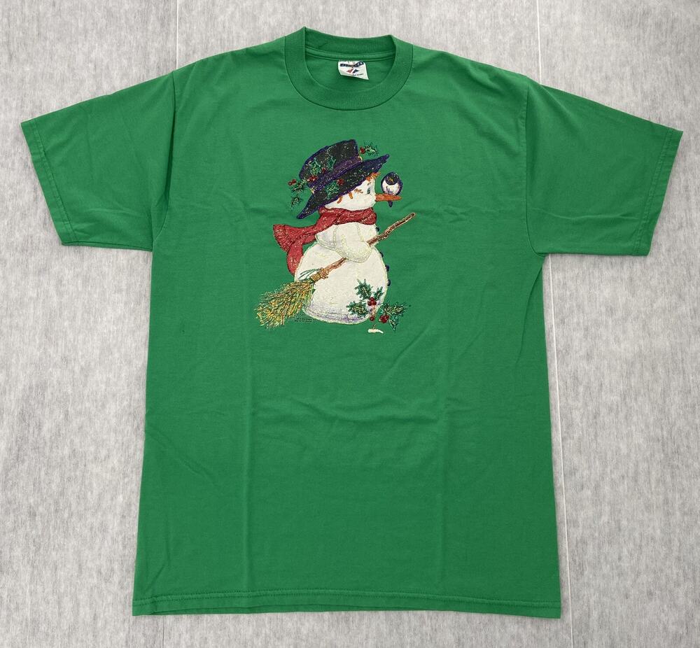 VINTAGE Christmas Shirt Adult Large Green Snowman Hand Painted Holiday Men L 90s